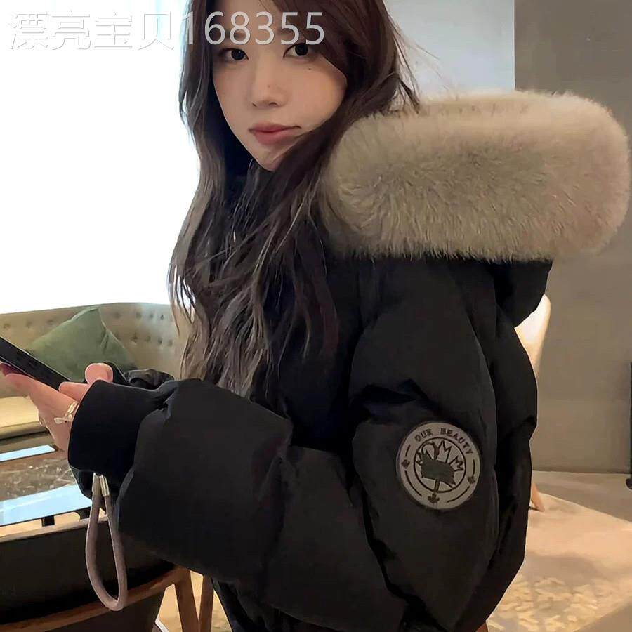 WFYO/黑色狐狸毛领短款羽绒服女冬90白鸭绒连帽显瘦厚外套面包服