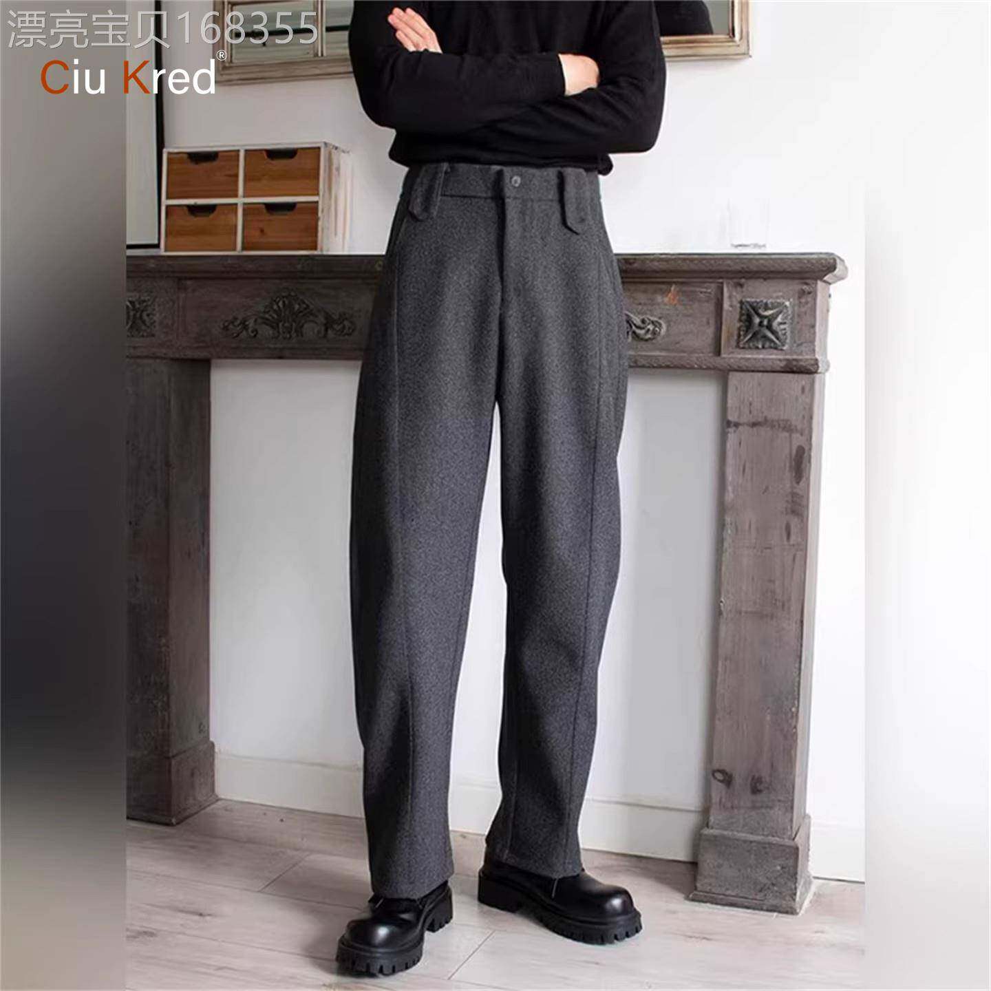 轻熟风灰色毛呢弯刀西裤男士2026新款冬装男裤加厚显瘦长裤子男款
