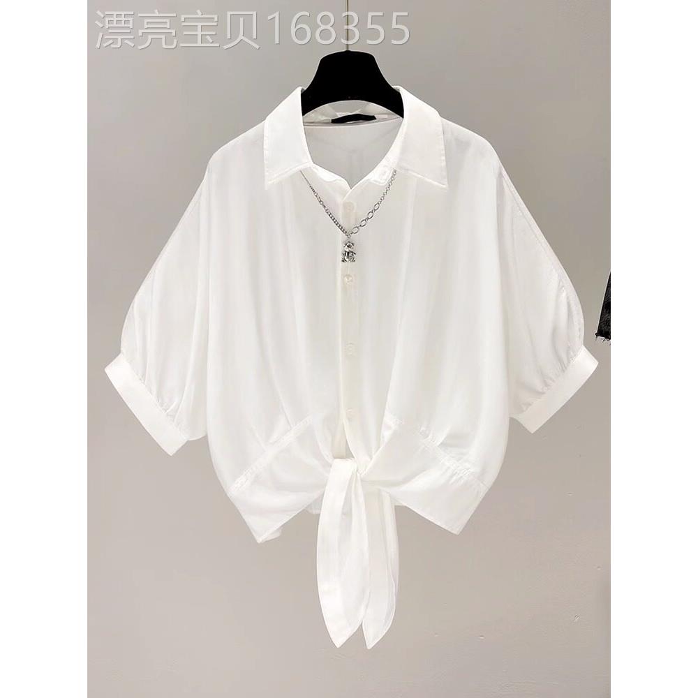 短袖衬衫女夏季收腰白色雪纺衫衬衣高级感小众宽松蝙蝠袖短款上衣