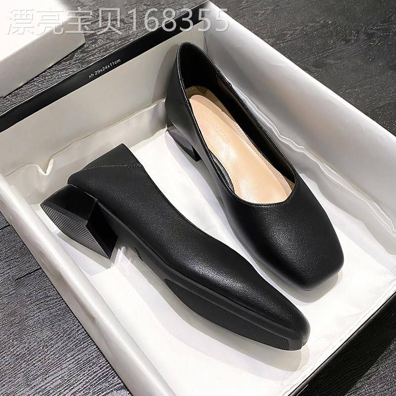 2025年新款方头工作鞋女款黑色久站不累脚职业上班鞋真皮低跟单鞋