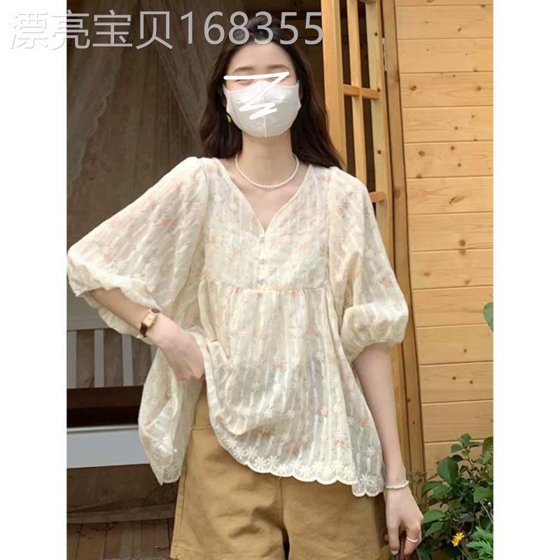 女装夏季欧货法式V领娃娃衫蕾丝雪纺短袖衬衫胖mm遮肚子显瘦上衣