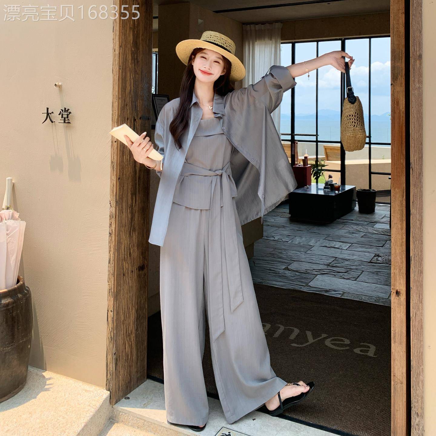 高级灰松弛感天丝防晒衬衫套装女夏2026轻薄系带吊带阔腿裤三件套