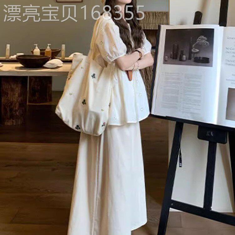 孕妇套装女夏季薄款2026年新款纯棉镂空衬衫休闲慵懒风遮肚两件套