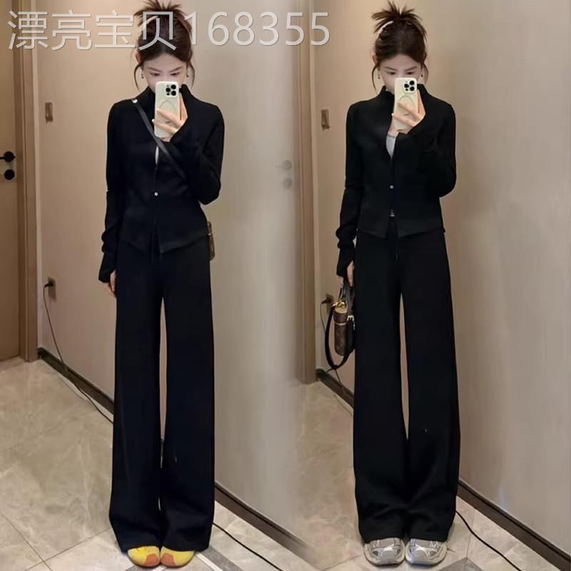 香港代购时尚休闲套装女春季新款显瘦开衫外套阔腿裤运动两件套潮