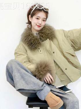 美式绿色羊羔毛环保夹克外套女26春新款小个子短款夹棉毛毛绒大衣