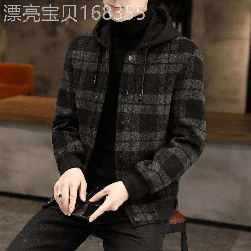韩版休闲双面呢大衣男短款毛呢上衣潮流帅气连帽羊毛夹克外套手套