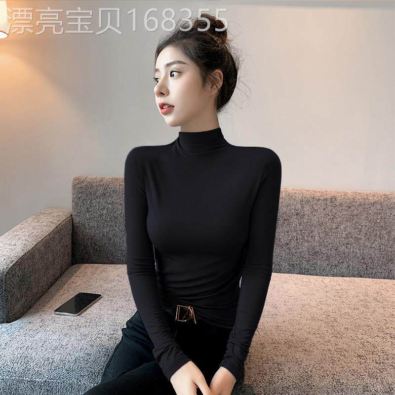 黑色莫代尔半高领打底衫女2025新款春秋冬内搭长袖中领修身上衣