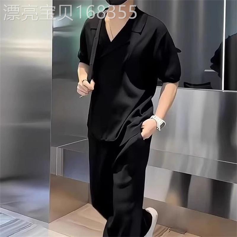 轻熟风V领休闲套装男士2025新款夏季高级感短袖T恤长裤两件套男款