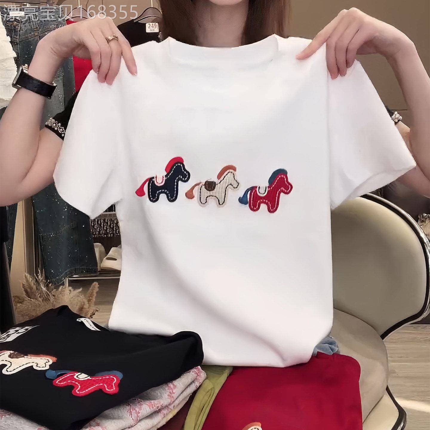 韩版气质马年小马刺绣短袖T恤女2026夏季新款大码宽松打底衫上衣