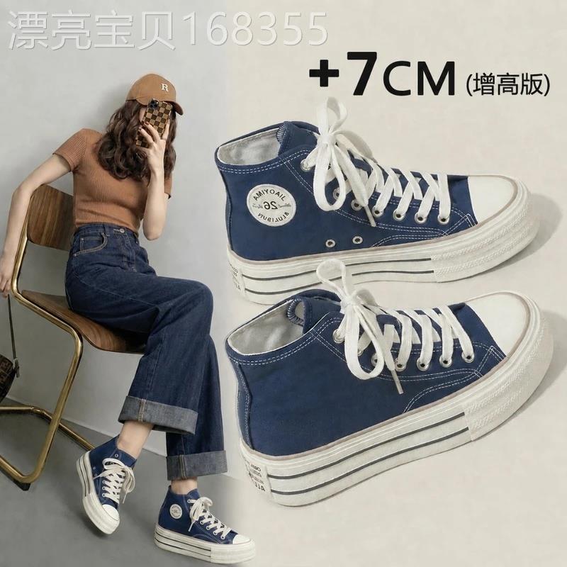 厚底红色高筒帆布鞋女2026夏季流行新款韩版内增高百搭透气增高鞋