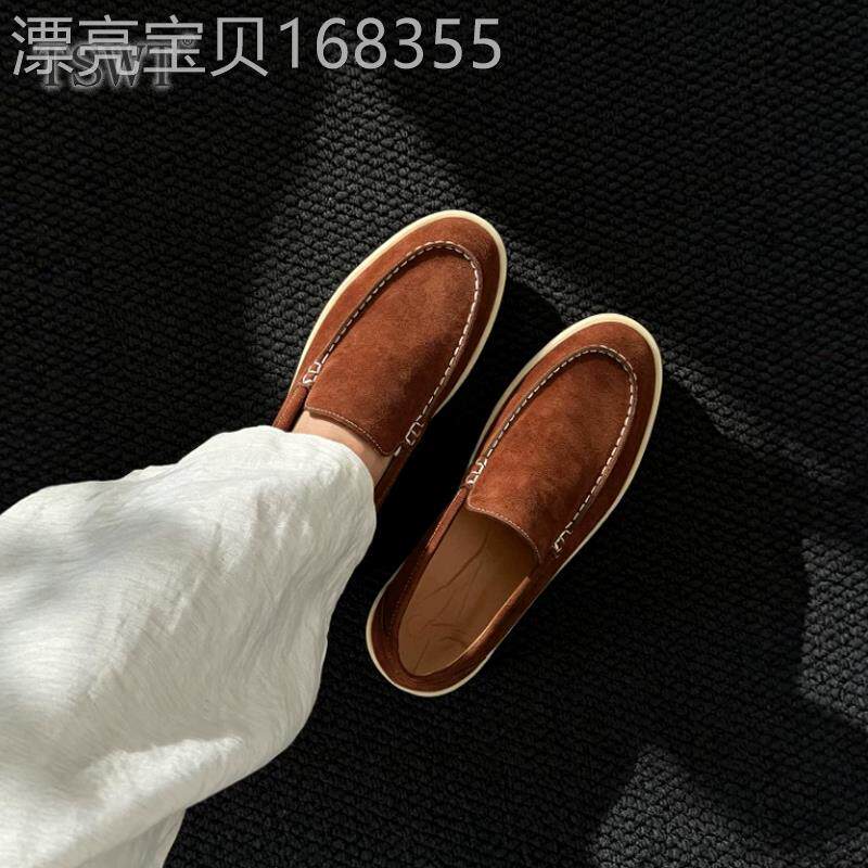 法国真皮老钱风乐福鞋男复古反绒皮懒人一脚蹬豆豆鞋简约套脚皮鞋