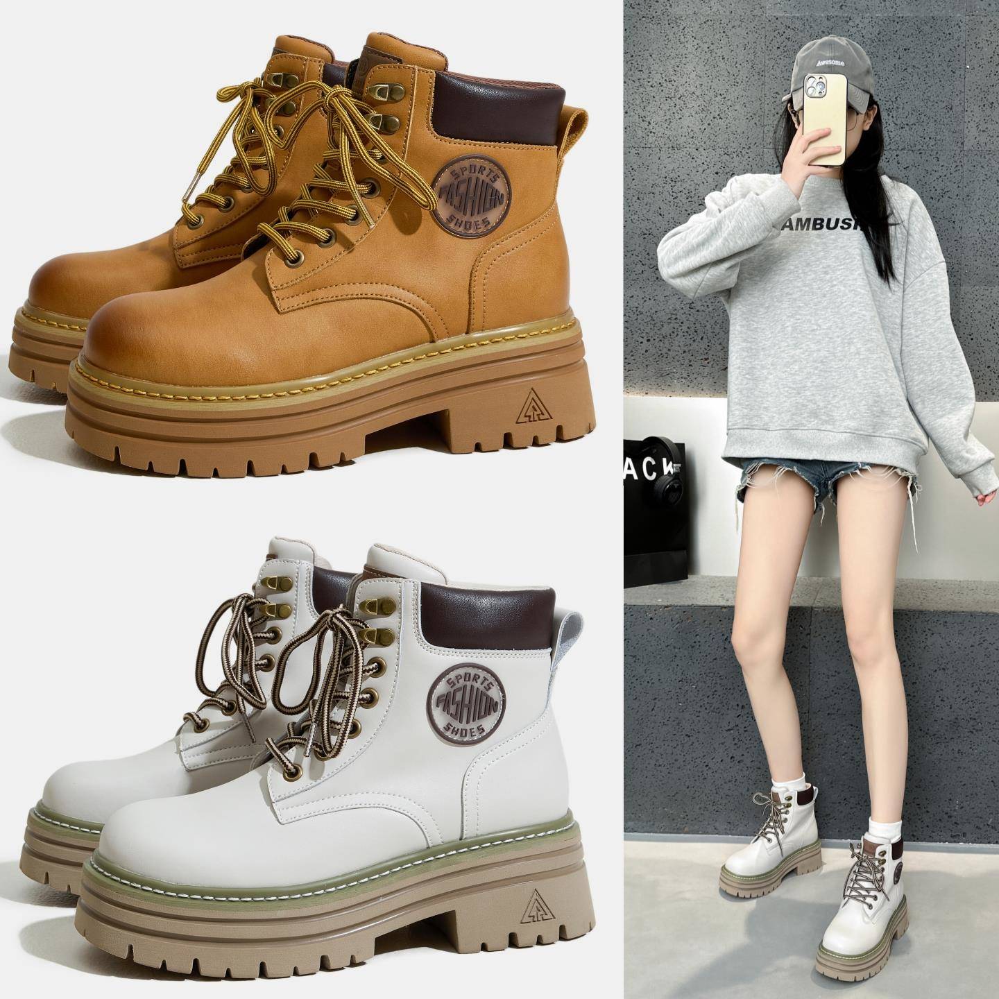 欧洲站马丁靴女2025新款厚底单靴内增高小个子皮面短靴松糕工装靴