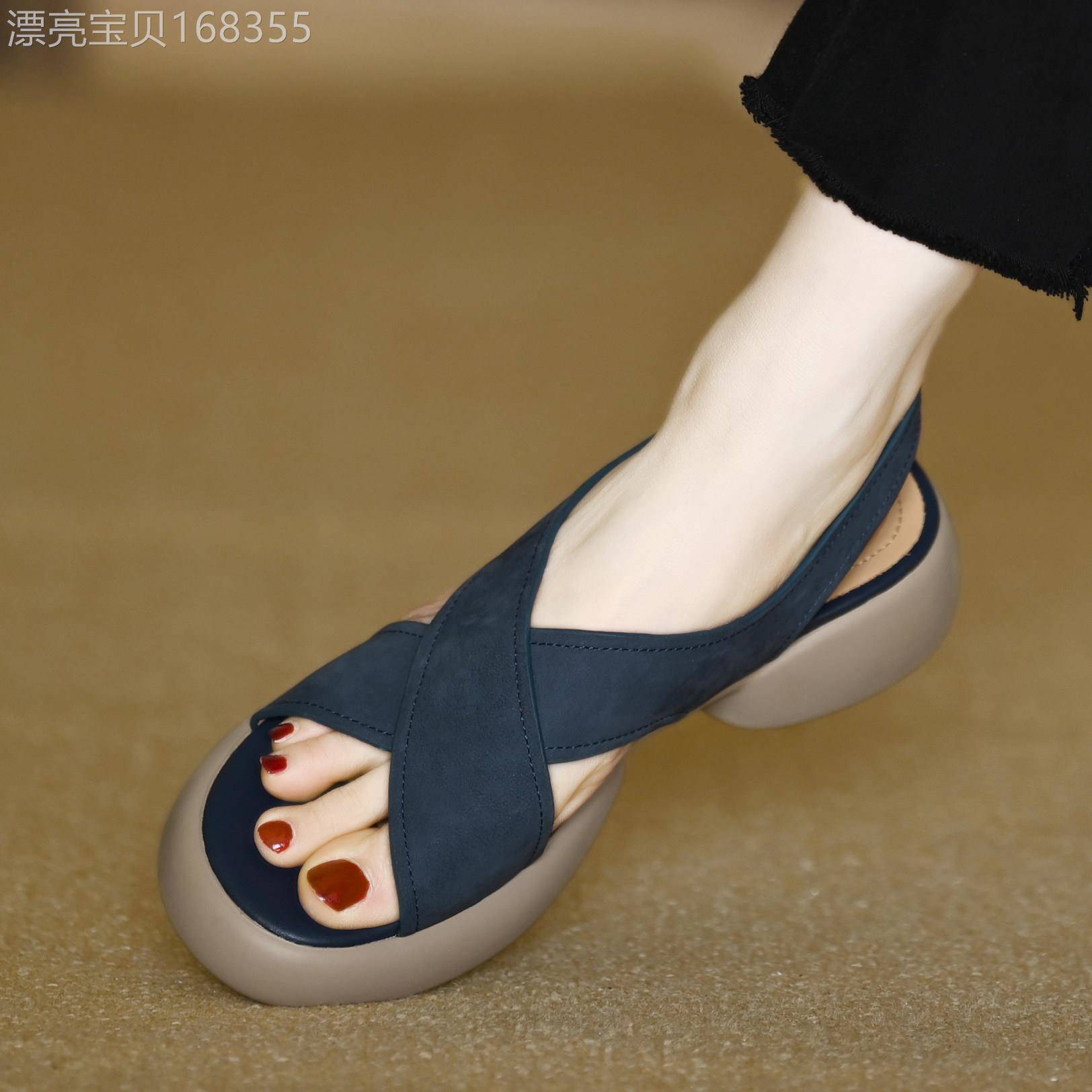 夏季4cm厚底露趾凉鞋女新款法式蓝色羊巴戈中跟魔术贴休闲罗马鞋