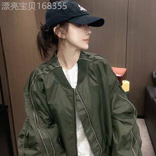 美式绿色拉炼棒球服女春季新款高级感独特超好看短款夹克外套上衣