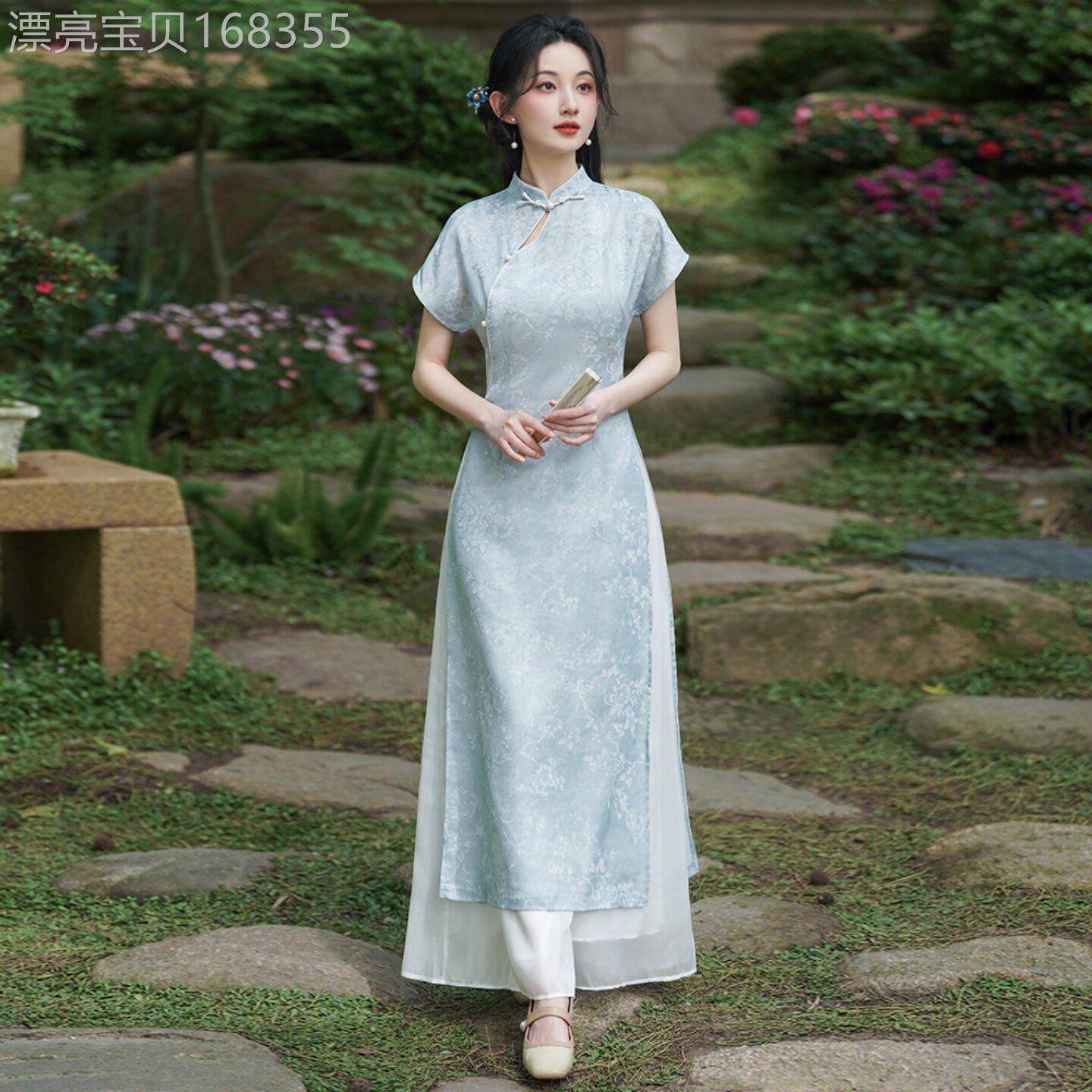 新中式国风套装女装夏季新款高腰显瘦奥黛旗袍洋装阔腿裤两件套