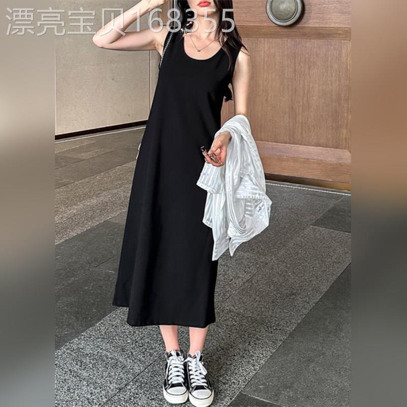 潮牌吊带连衣裙中长款无袖背心裙女夏宽松显瘦内搭裙子垂感小黑裙