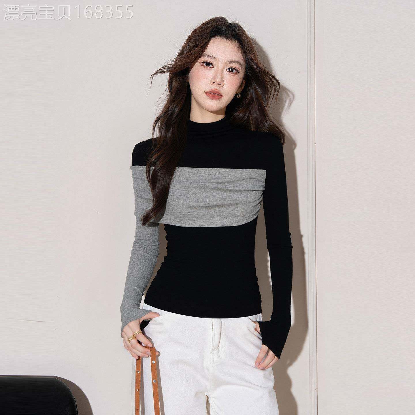 简珀黑色半高领拼接打底衫女秋冬高级感内搭新款针织可外穿上衣