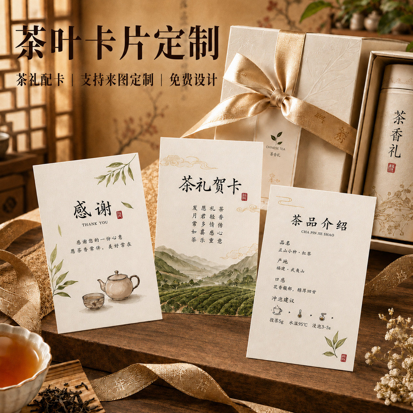 茶叶卡片定制新中式茶饮产品介绍硬卡茶单功效温馨提示卡纸设计礼盒品鉴贺卡售后明信片冲泡信息说明名片打印