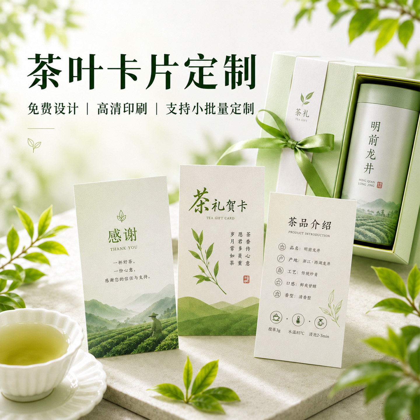 茶叶卡片定制中国风茶饮产品介绍硬卡温馨提示茶单功效卡纸设计礼盒品鉴贺卡售后明信片冲泡信息说明名片打印