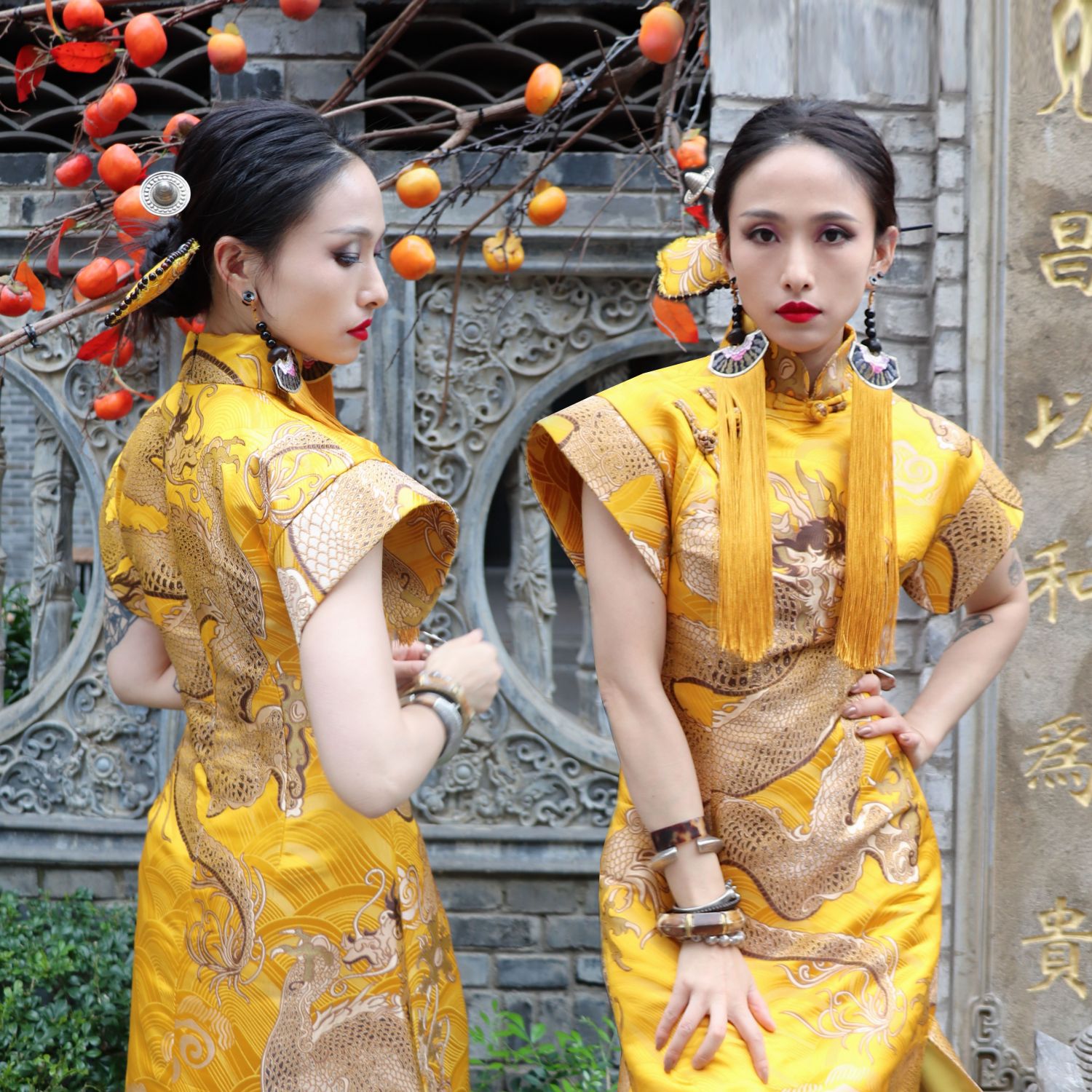 锦秀儿原创金黄色龙纹织锦立领飞袖国潮新中式走秀民族风改良旗袍