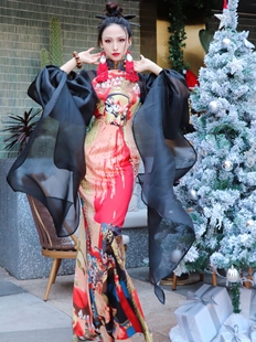 锦秀儿原创戏曲脸谱印花雪纺欧根纱艺术大水袖 走秀旗袍 民族风中式