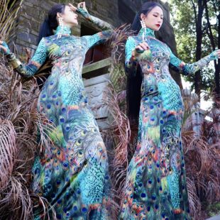 锦秀儿原创设计孔雀印花弹力冰丝长裙修身 连衣裙 立领包臀定制长袖