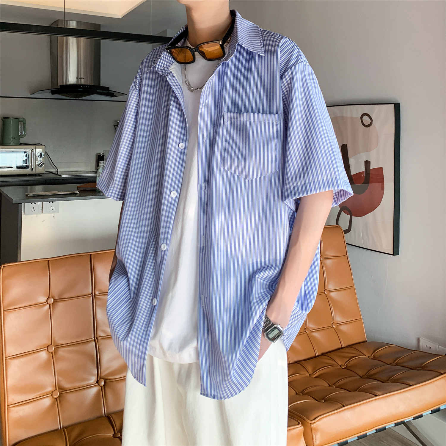 美式复古条纹衬衫男春夏季潮牌薄款凉感宽松cleanfit长袖衬衣外套,男装T恤,电商A433