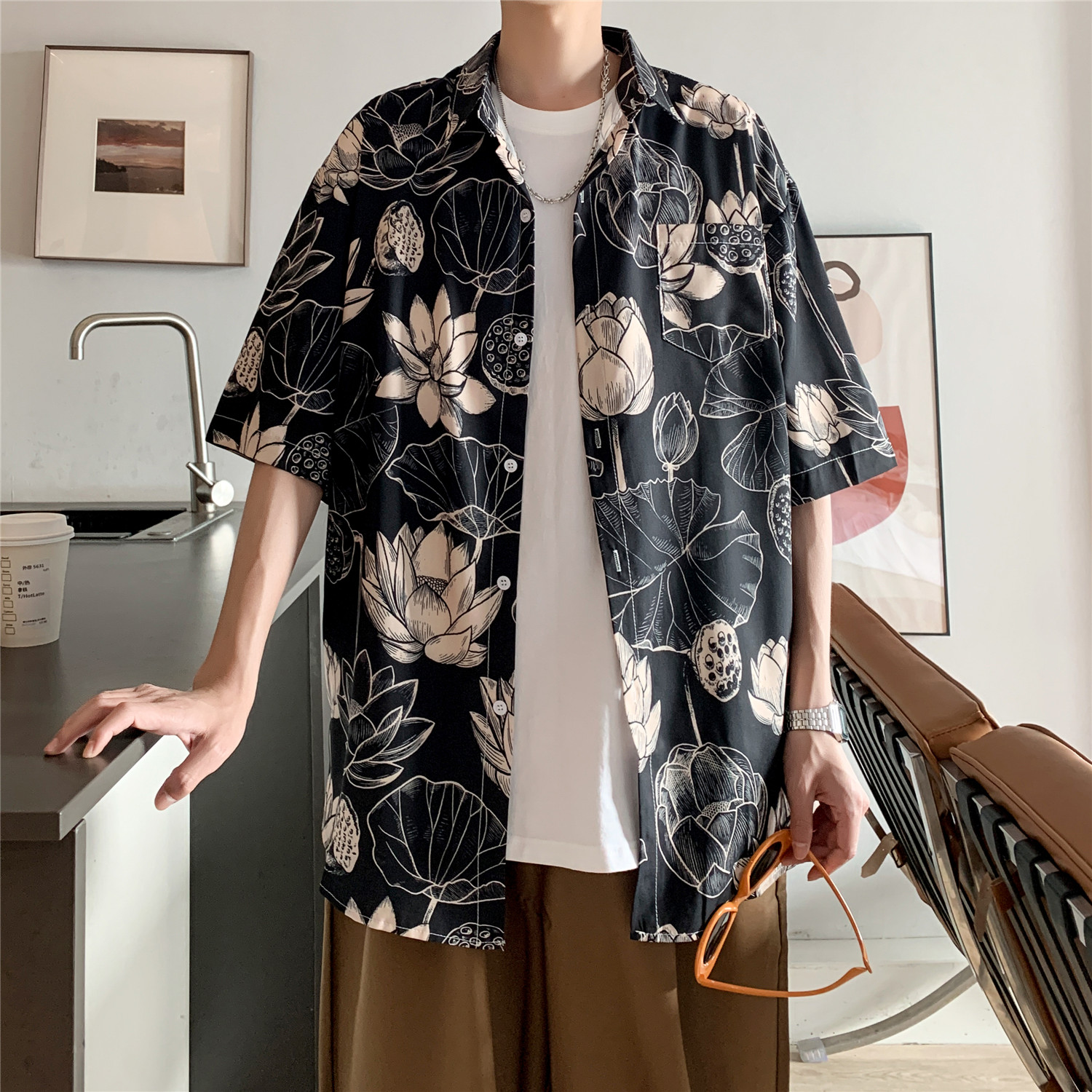 港风夏季男女薄款短袖花衬衫C4062P40,男装衬衫,电商A433