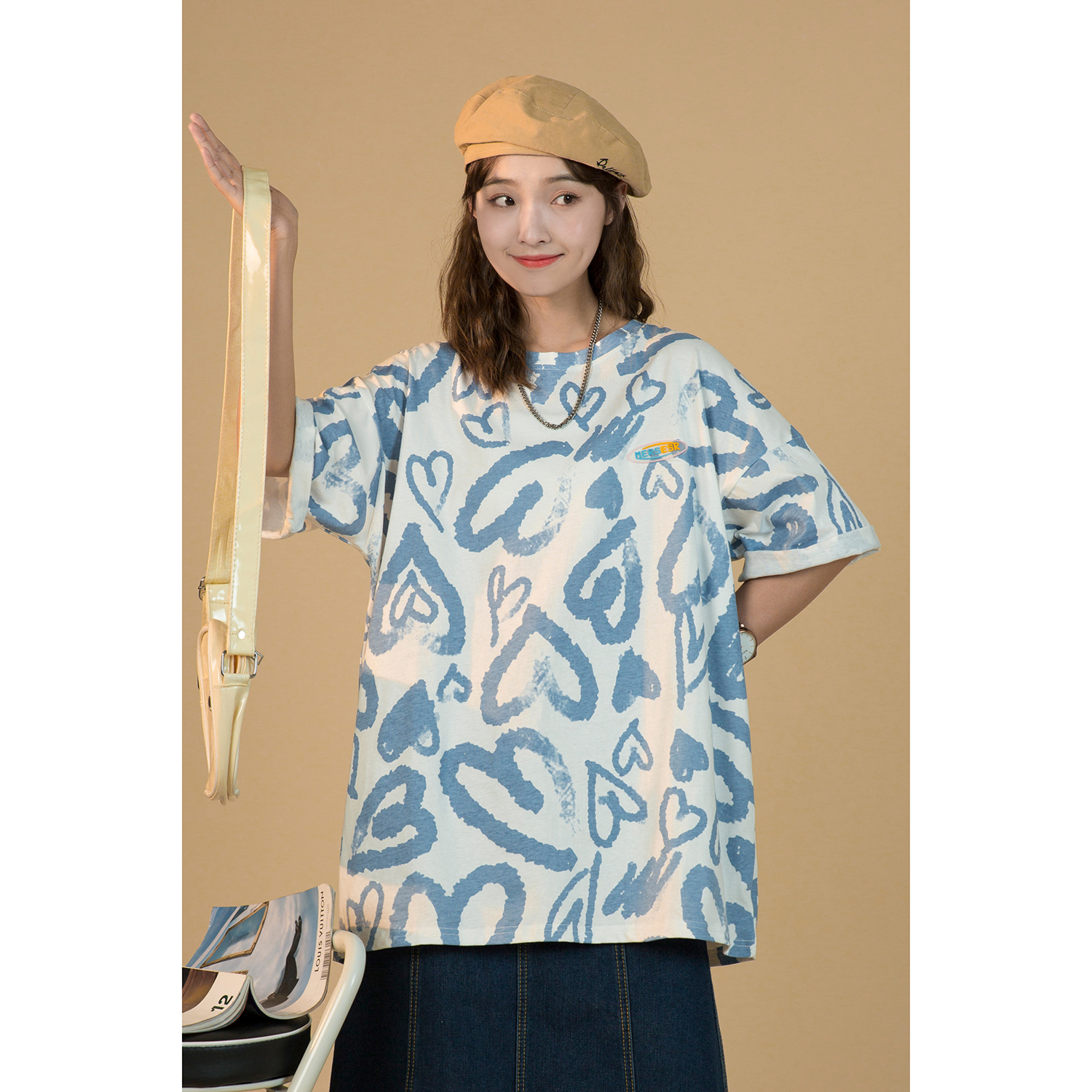 21夏季港风INS夏季爱心宽松印花男女情侣短袖T恤上衣T722P38，男装T恤，电商A433