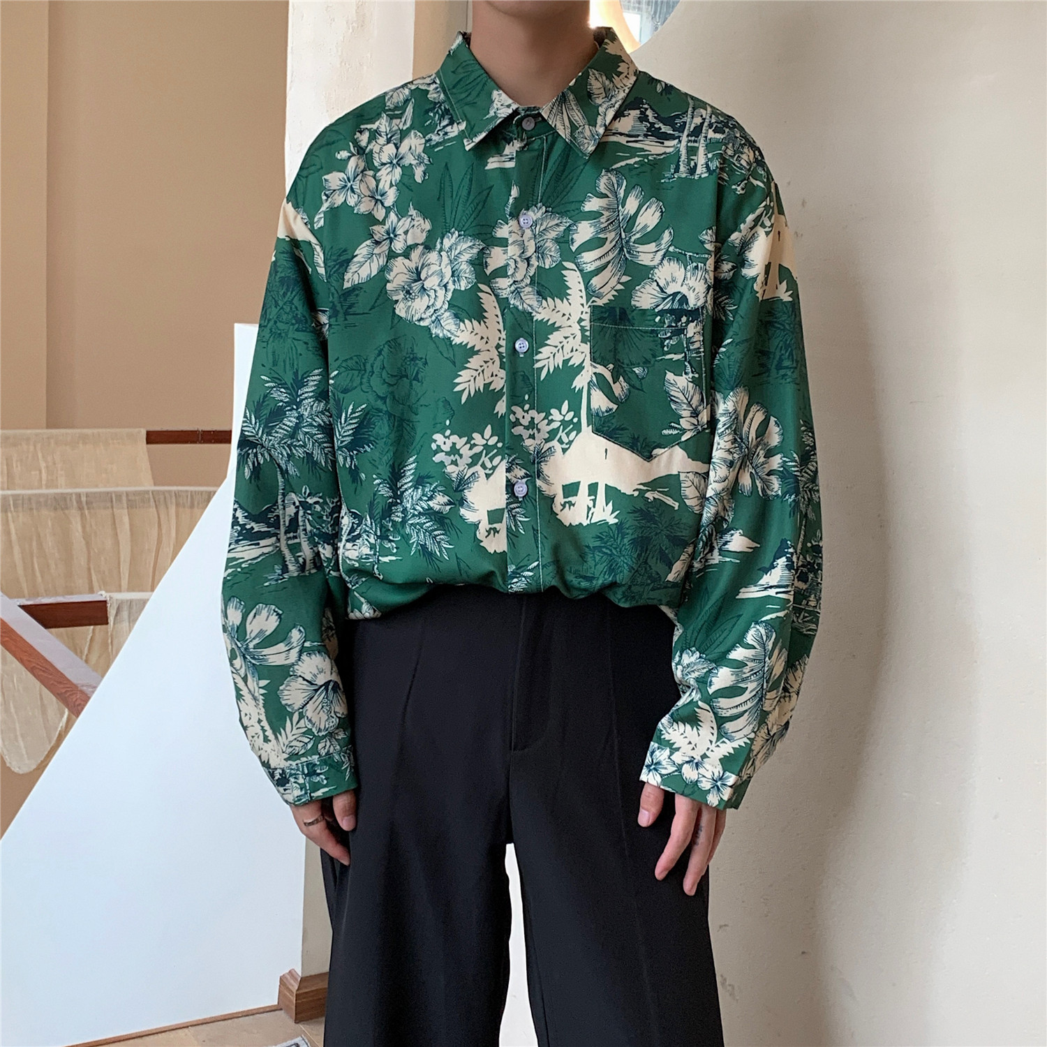 港风秋季长袖宽松印花男女情侣衬衫C147P50,男装衬衫,电商A433