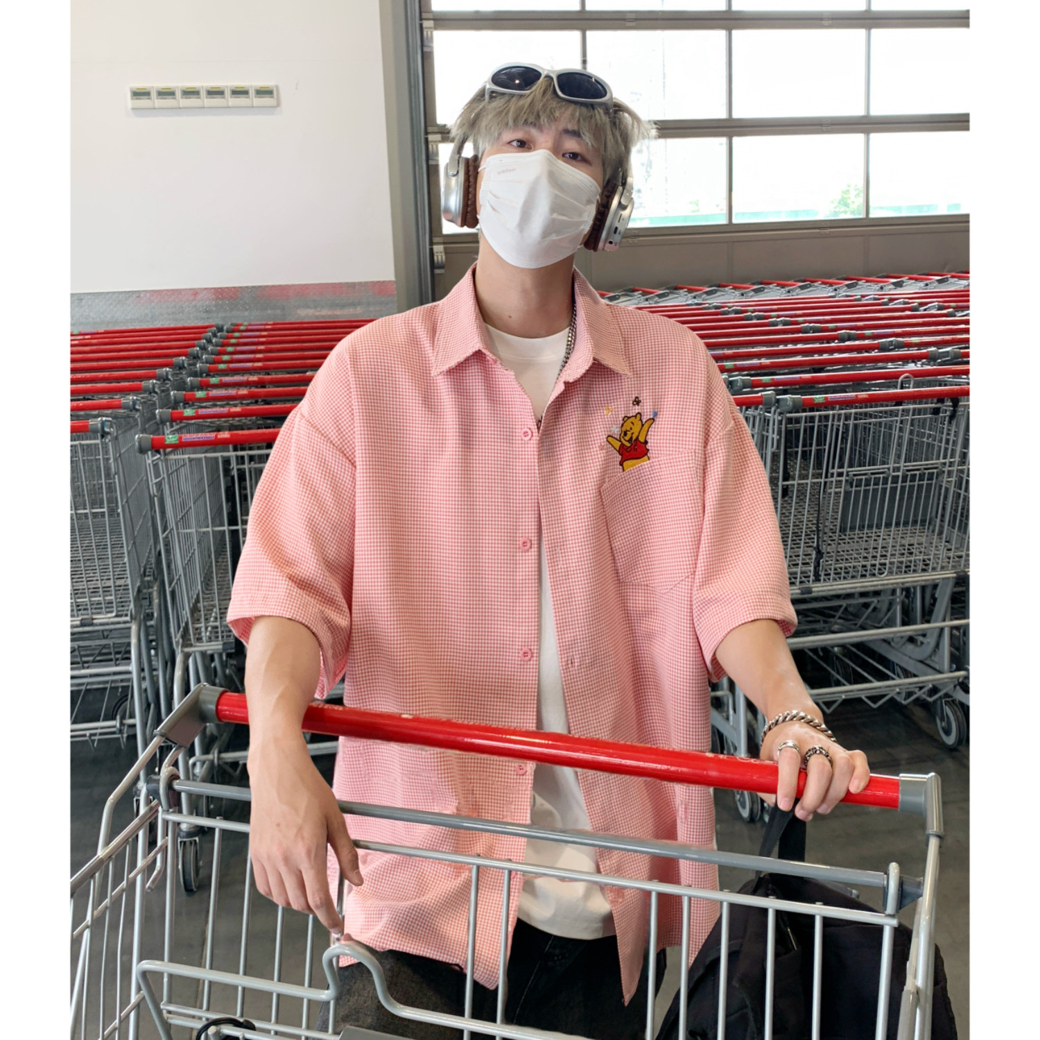 港风卡通刺绣格子男女情侣短袖宽松衬衫C5593P48,男装T恤,电商A433