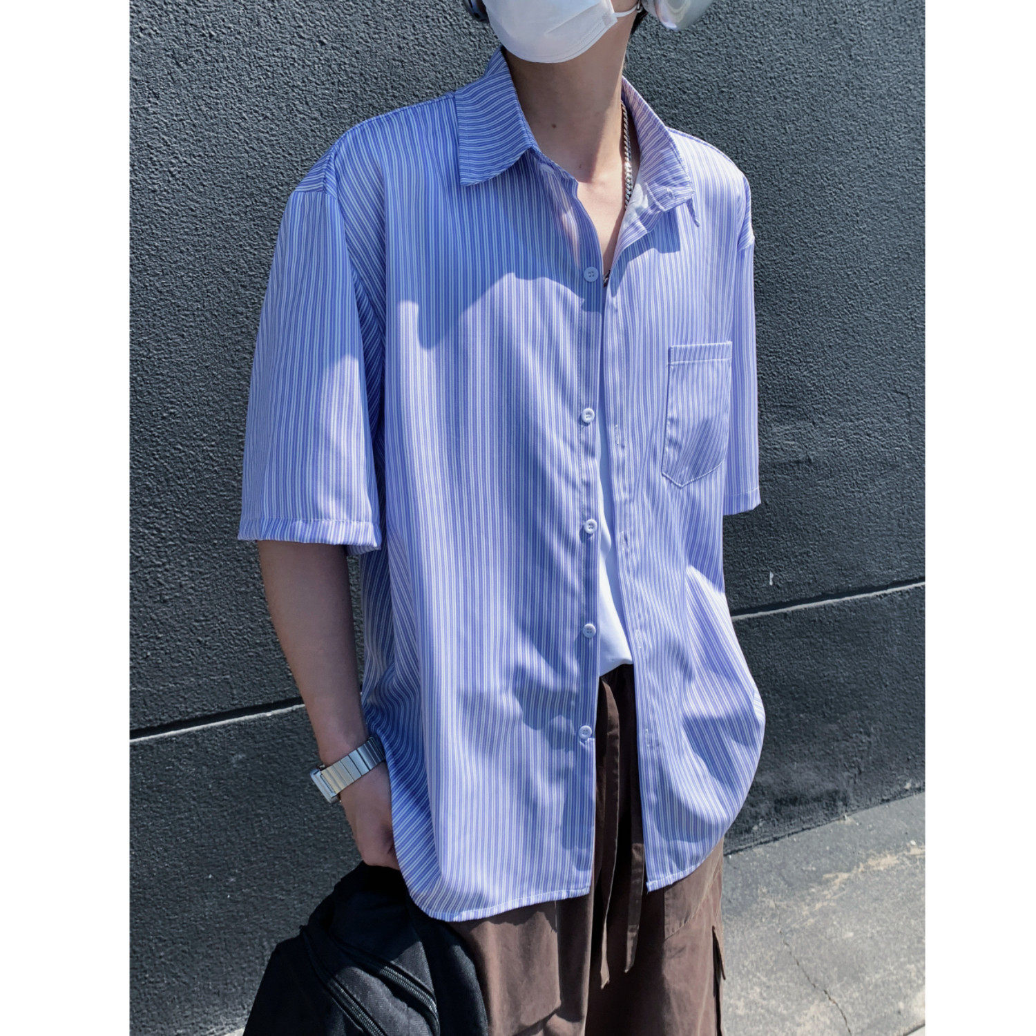 夏季清爽蓝色条纹男女情侣短袖衬衫C1030P40,男装衬衫,电商A433
