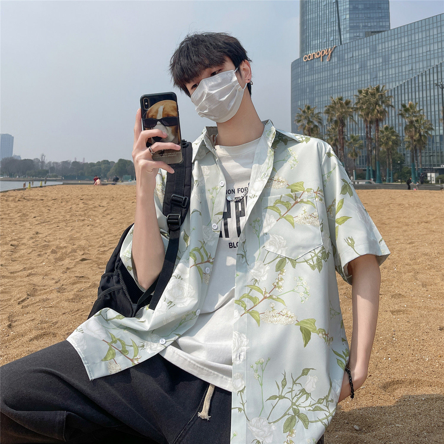 港风夏天24清爽配色男女宽松防晒薄款冰丝情侣短袖衬衫 C1006 P40图片