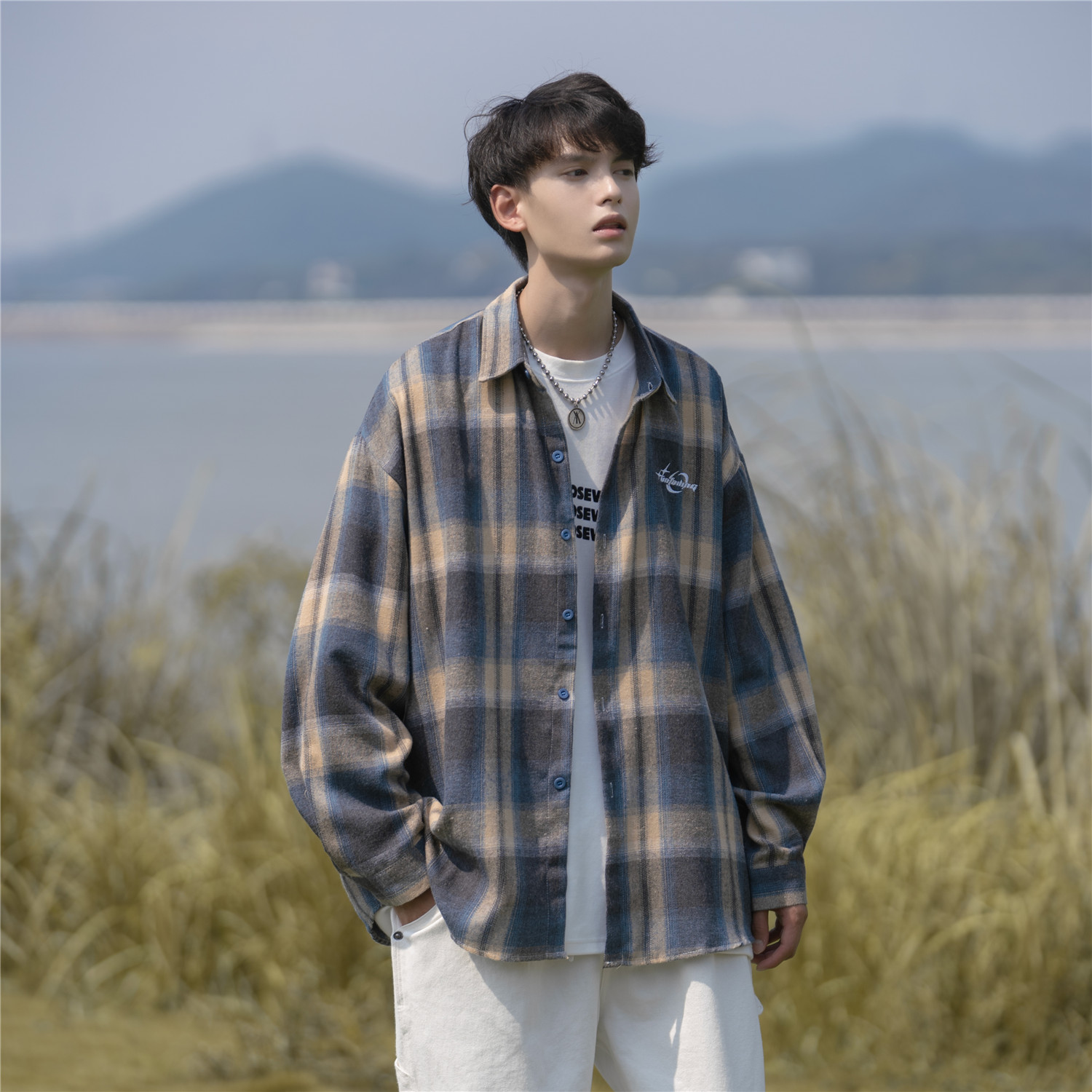 秋冬季节清爽格子男女磨毛厚宽松情侣长袖衬衫上衣C5826P58,男装衬衫,电商A433