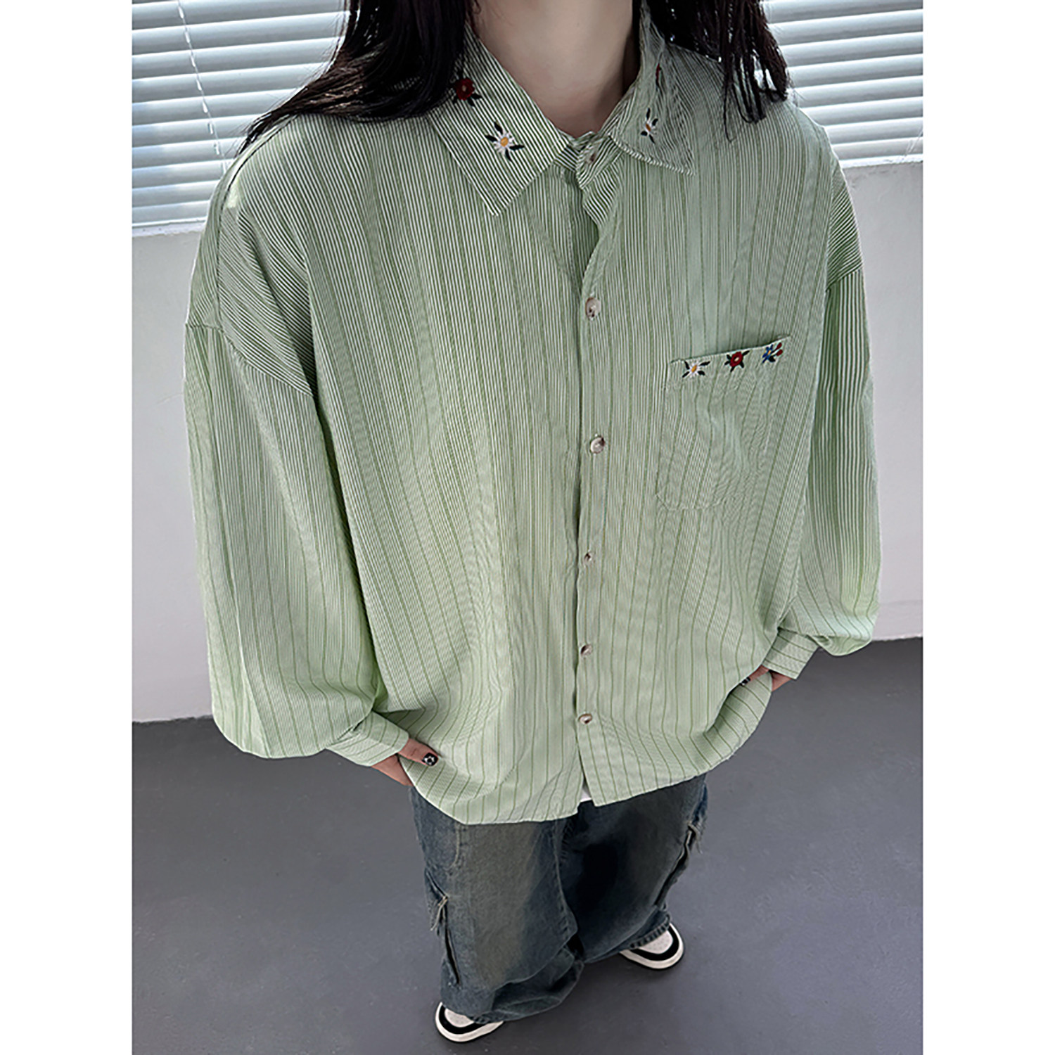 秋季刺绣男女宽松条纹长袖情侣上衣衬衫C5966P68,男装衬衫,电商A433