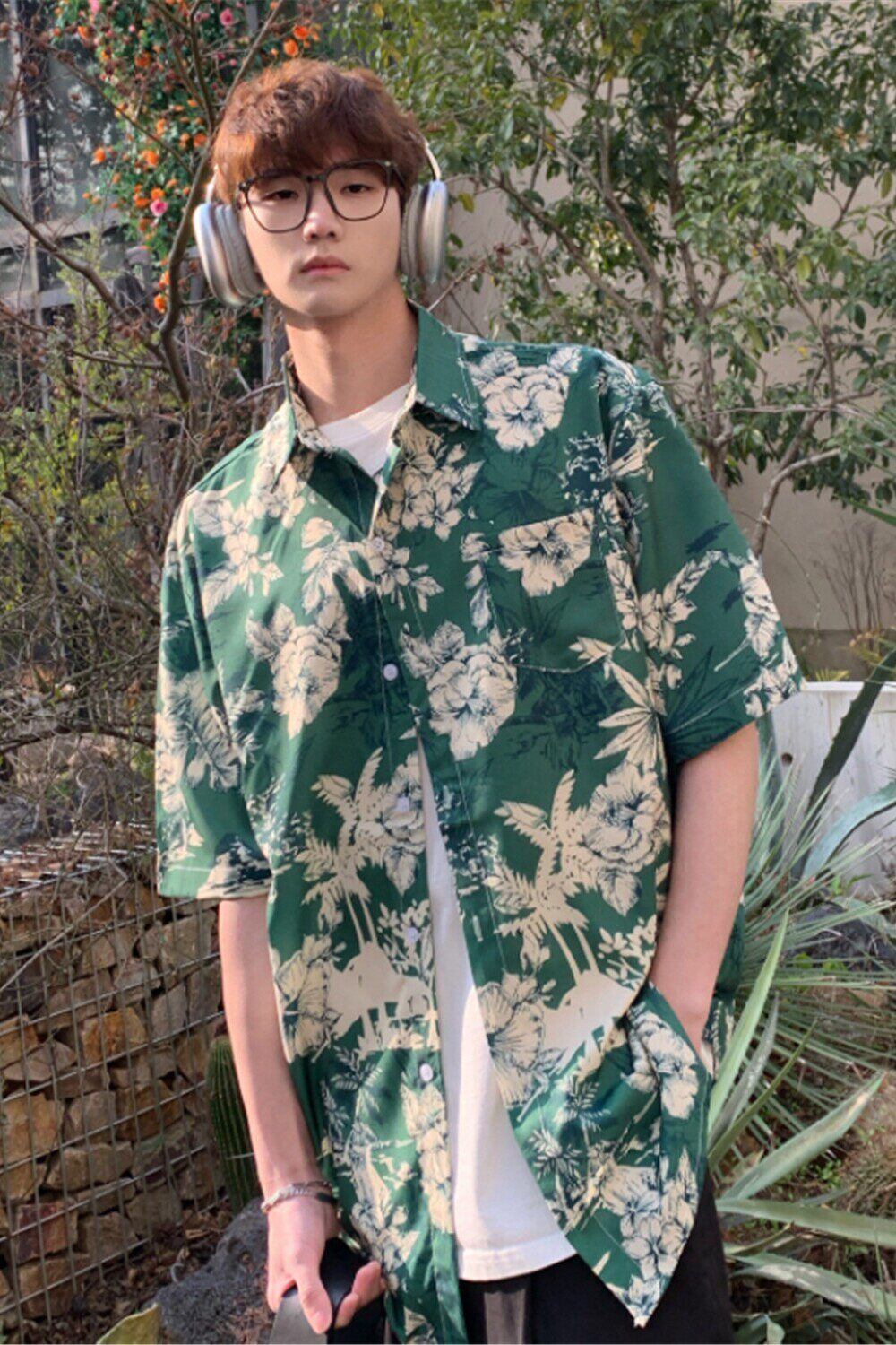 wassuphappy短袖花衬衫男夏季薄款小众设计感五分袖休闲衬衣外套,男装衬衫,电商A433