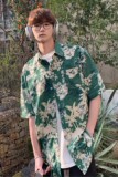 wassuphappy短袖花衬衫男夏季薄款小众设计感五分袖休闲衬衣外套，男装衬衫，电商A433