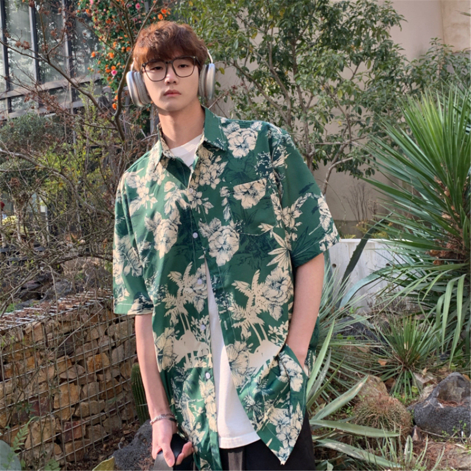 wassuphappy短袖花衬衫男夏季薄款小众设计感五分袖休闲衬衣外套，男装衬衫，电商A433