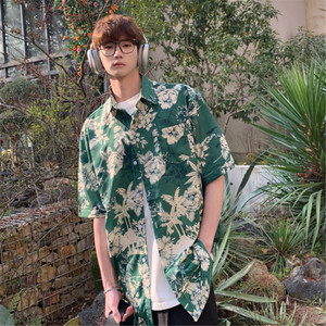 wassup happy短袖花衬衫男夏季薄款小众设计感五分袖休闲衬衣外套,男装衬衫,电商A433