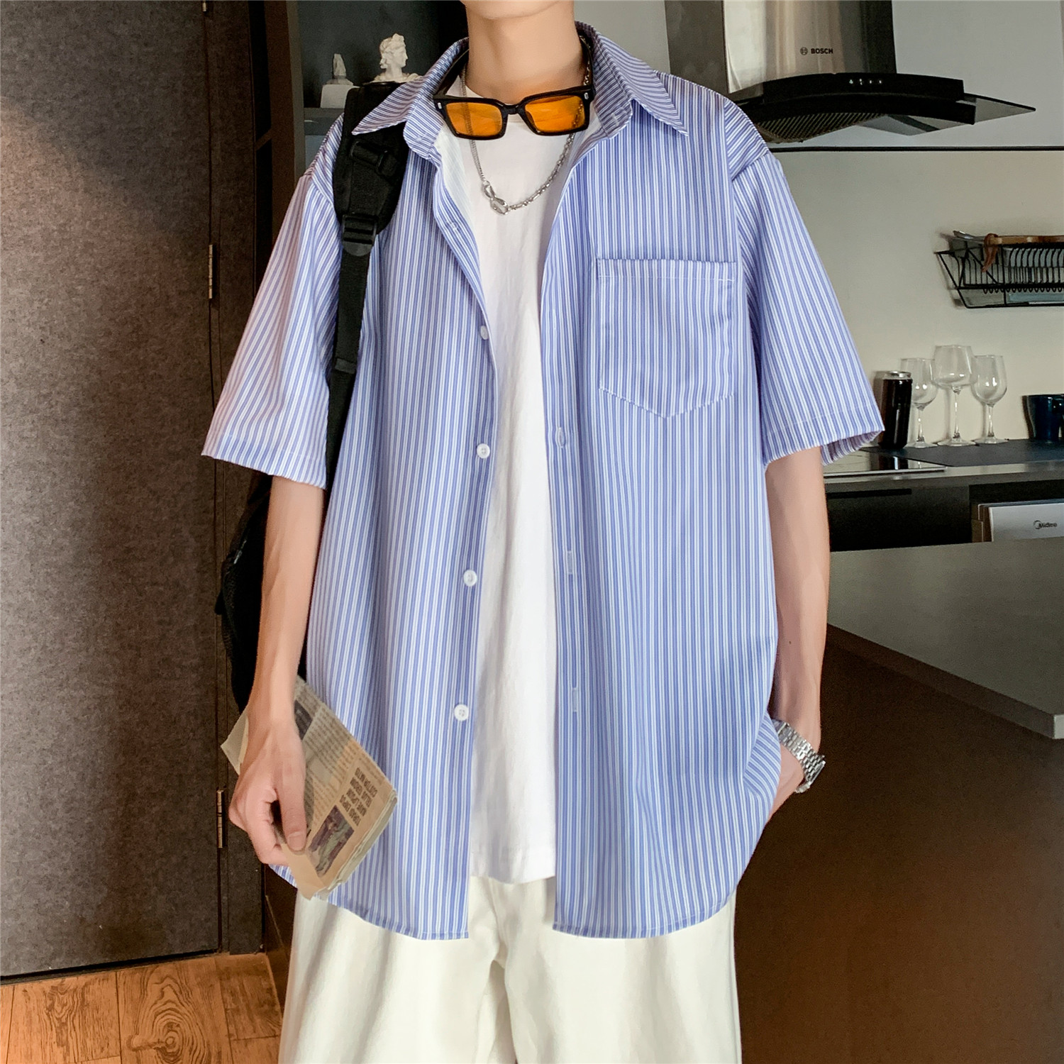 港风夏季蓝色条纹男女宽松情侣短袖衬衫C988P40,男装衬衫,电商A433