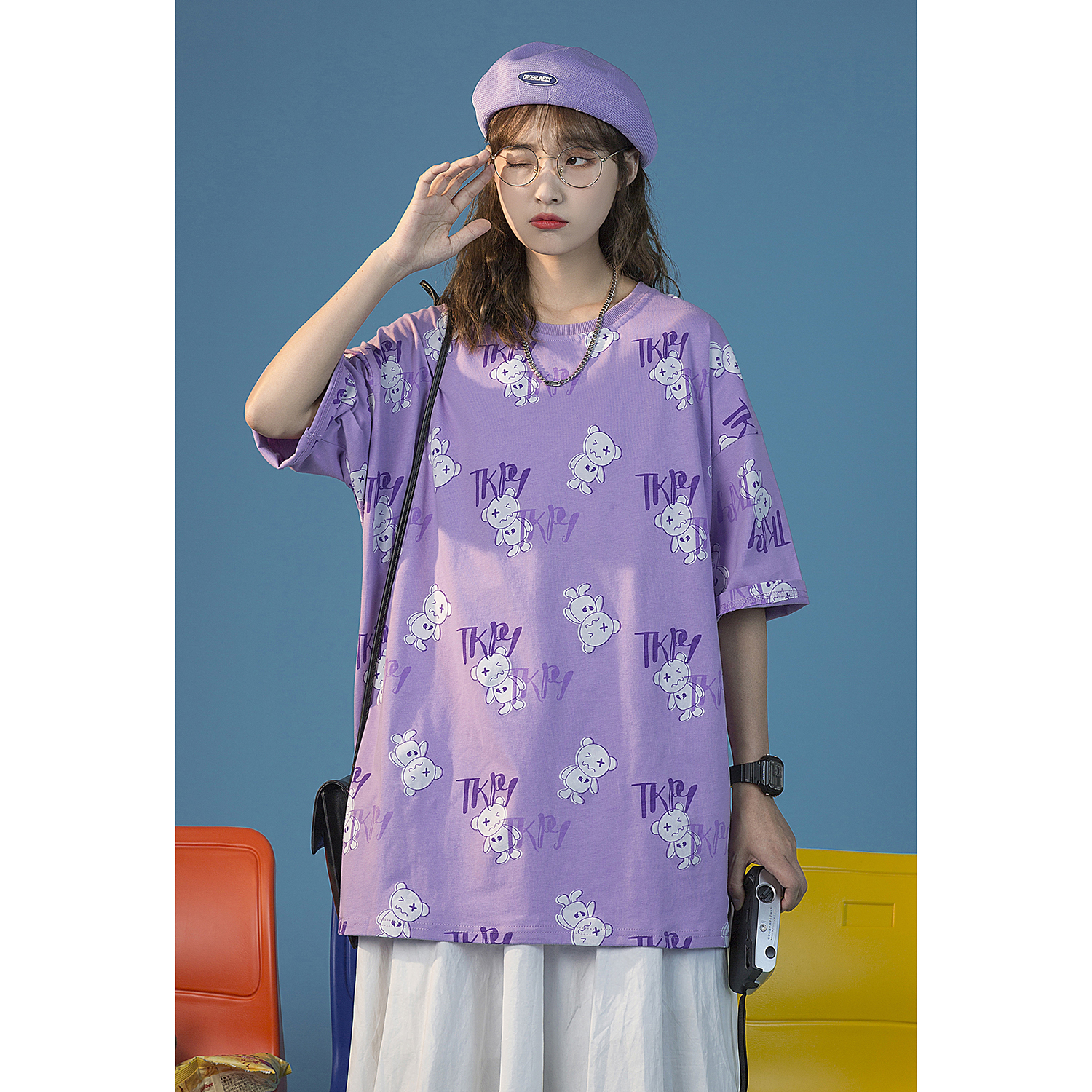 夏季港风卡通印花男女休闲宽松短袖T恤情侣上衣T723P38，男装T恤，电商A433