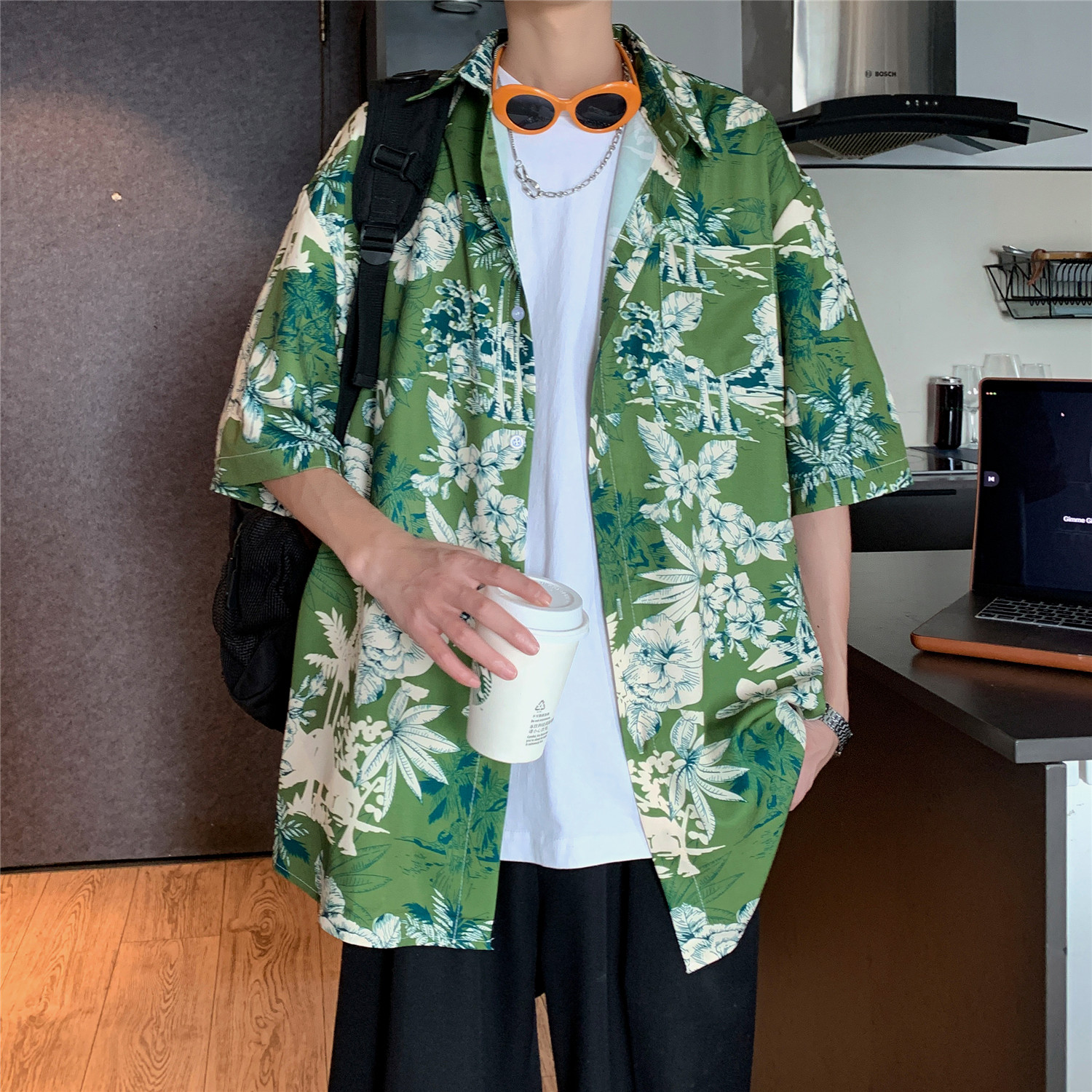 2025港风夏季森林色系男女宽松短袖花衬衫C7055P40,男装衬衫,电商A433