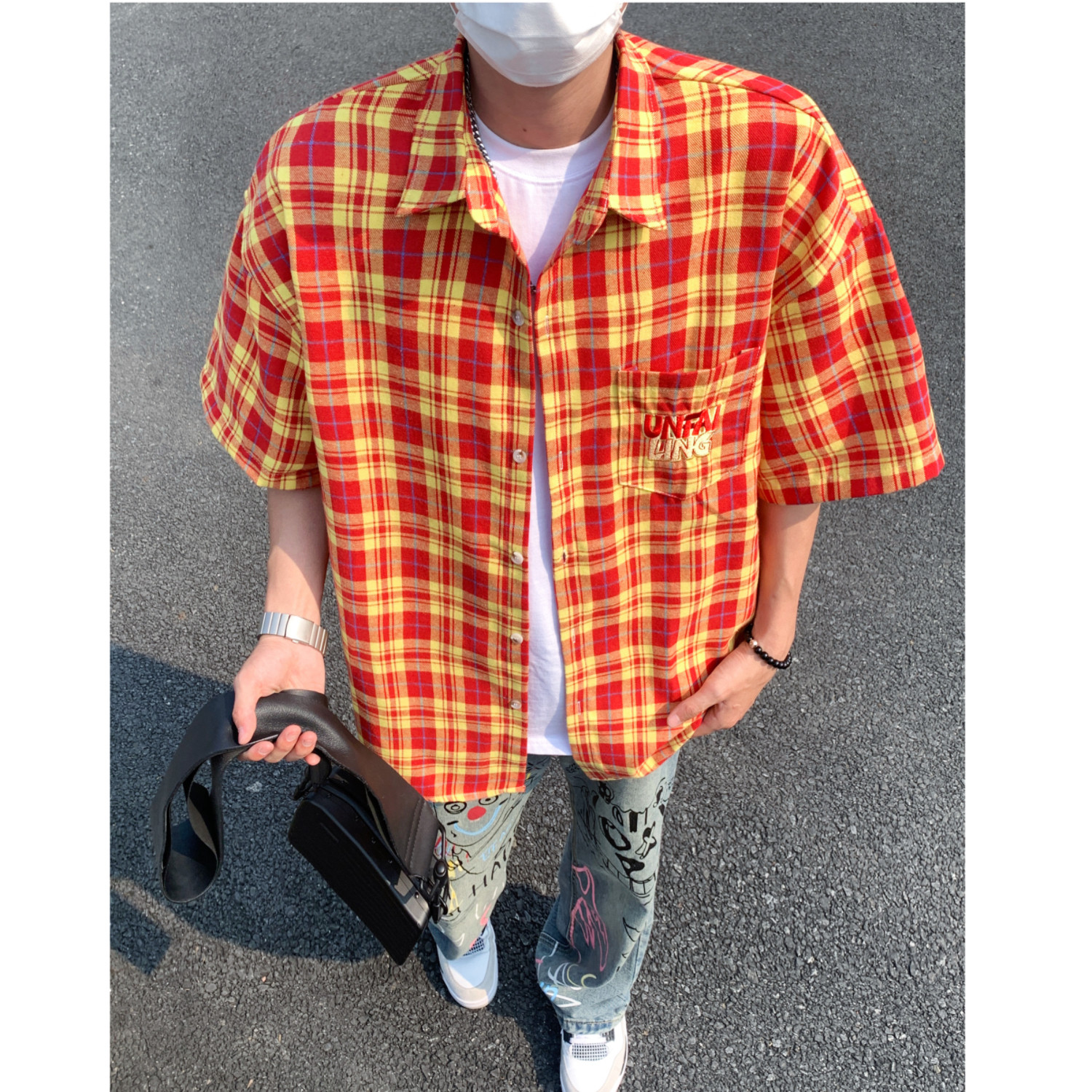 夏季港风格子刺绣男女短袖花衬衫  C5596 P48图片