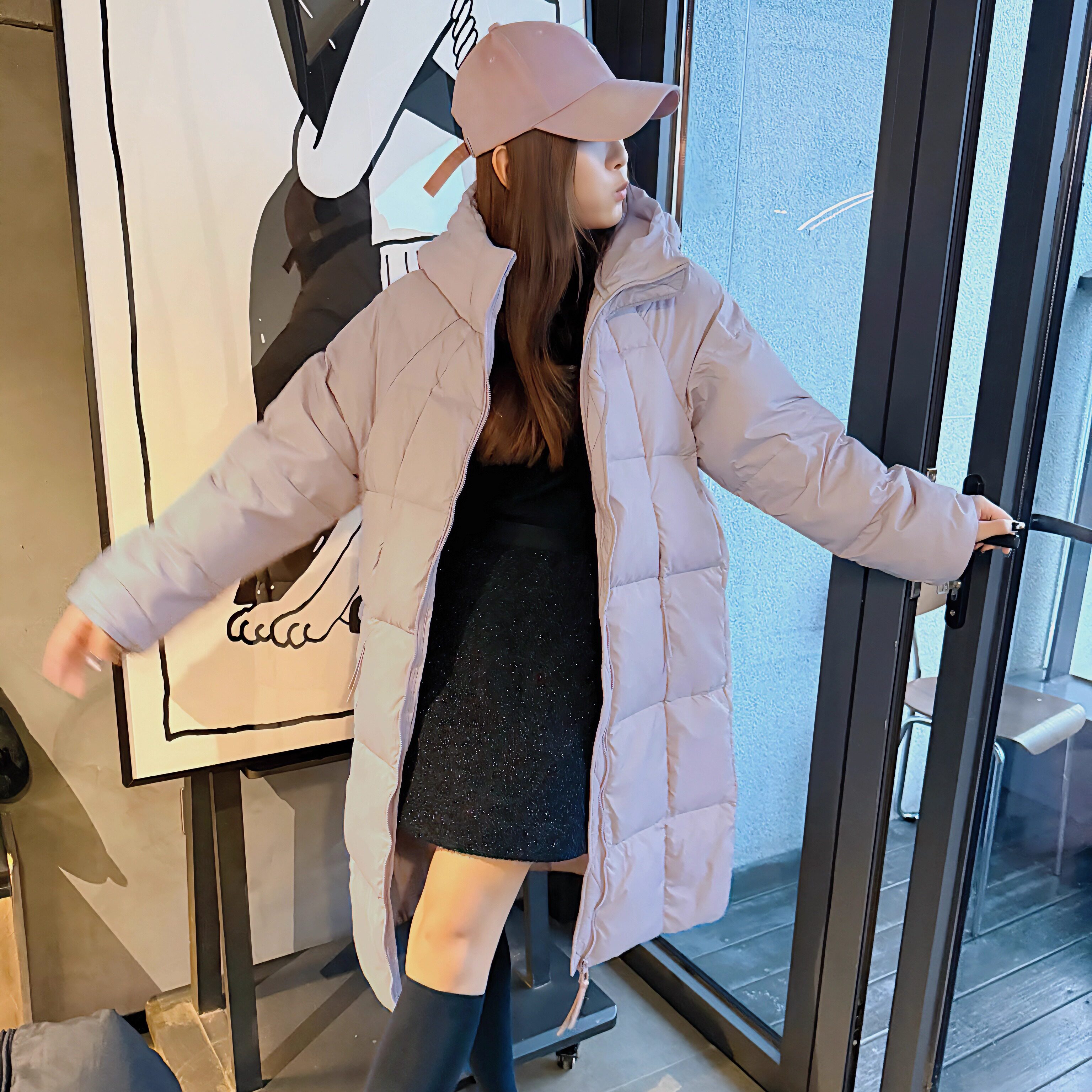 沐青韩版泡芙中长款过膝连帽嘉兴羽绒服女2025新款冬装白鸭绒外套