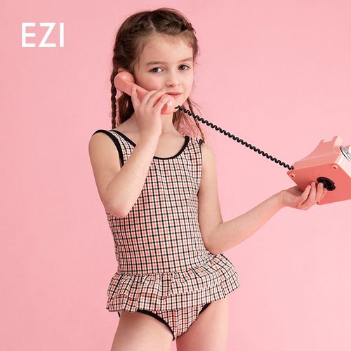 弈姿新款红黑格纹复古儿童泳衣