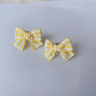 25元包邮朵拉手作甜美黄色格子蝴蝶结耳环丝带织带芭蕾少女耳饰