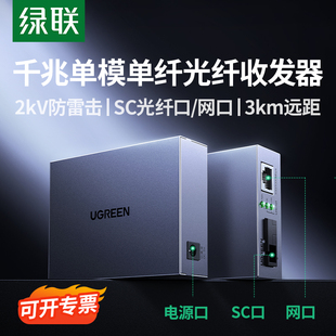 绿联光纤收发器一对千兆单模单纤光转SC电网线光电转换接口光模块网口电源信号防雷电信以太网3KM传输监控