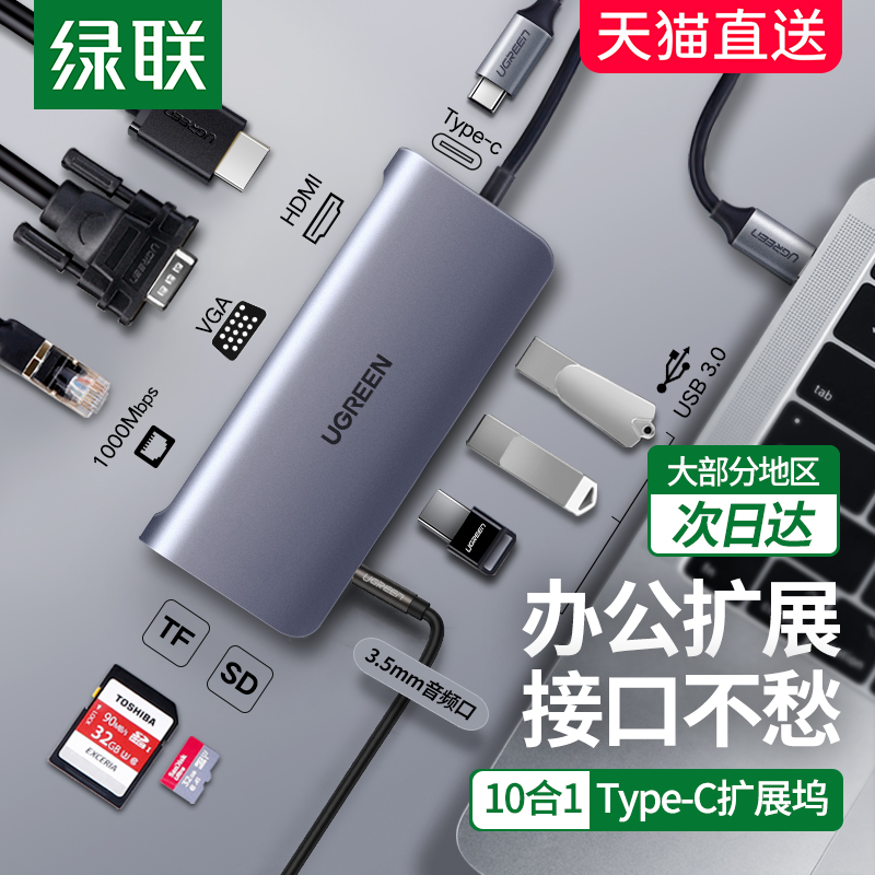 绿联Typec扩展坞拓展笔记本USB集分线HUB雷电3HDMI多接口适用于