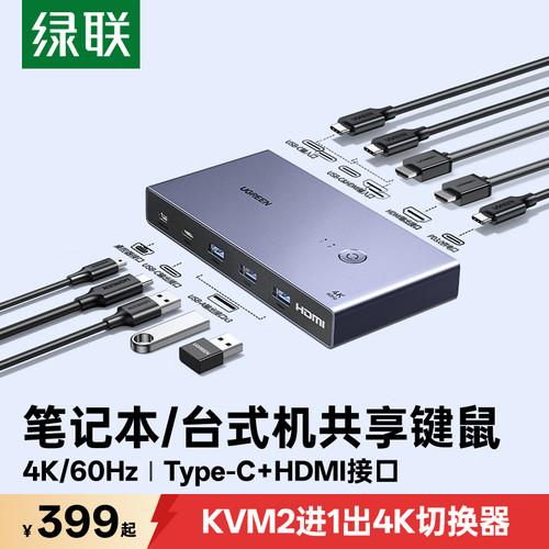 绿联KVM切换器Type-C+HDMI二进一