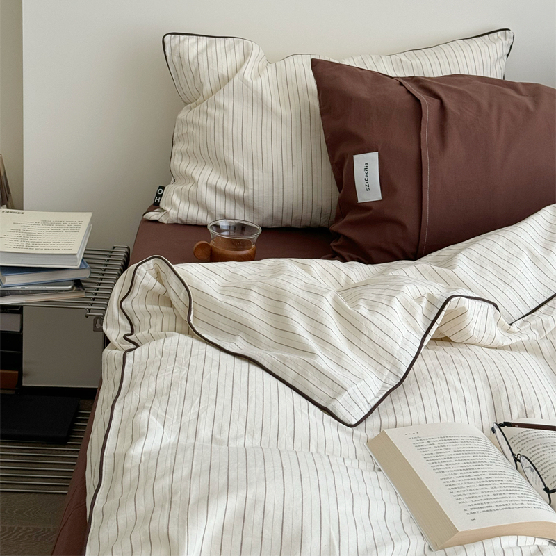 梨梦 北欧诗人 条纹纯棉水洗棉四件套全棉床单被套床笠款床上用品
